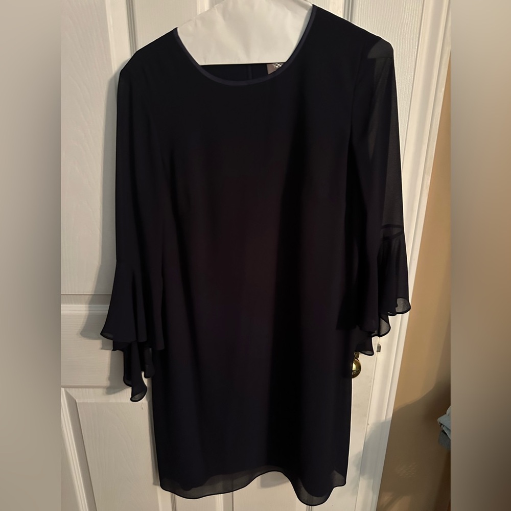 Vince Camuto Navy Blue Long Sleeve Ruffle Shift Dress